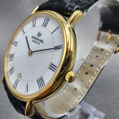 Raymond Weil Watch Men 32mm White Dial Gold Plated Date Round 91242 New Battery2