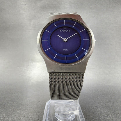 Skagen Watch Men 34mm Blue Dial Steel Date Round Mesh A233LSSN New Battery