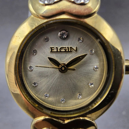 Elgin Watch Women 22mm Champagne Dial Gold Hearts Crystals Round Bangle New Batt1