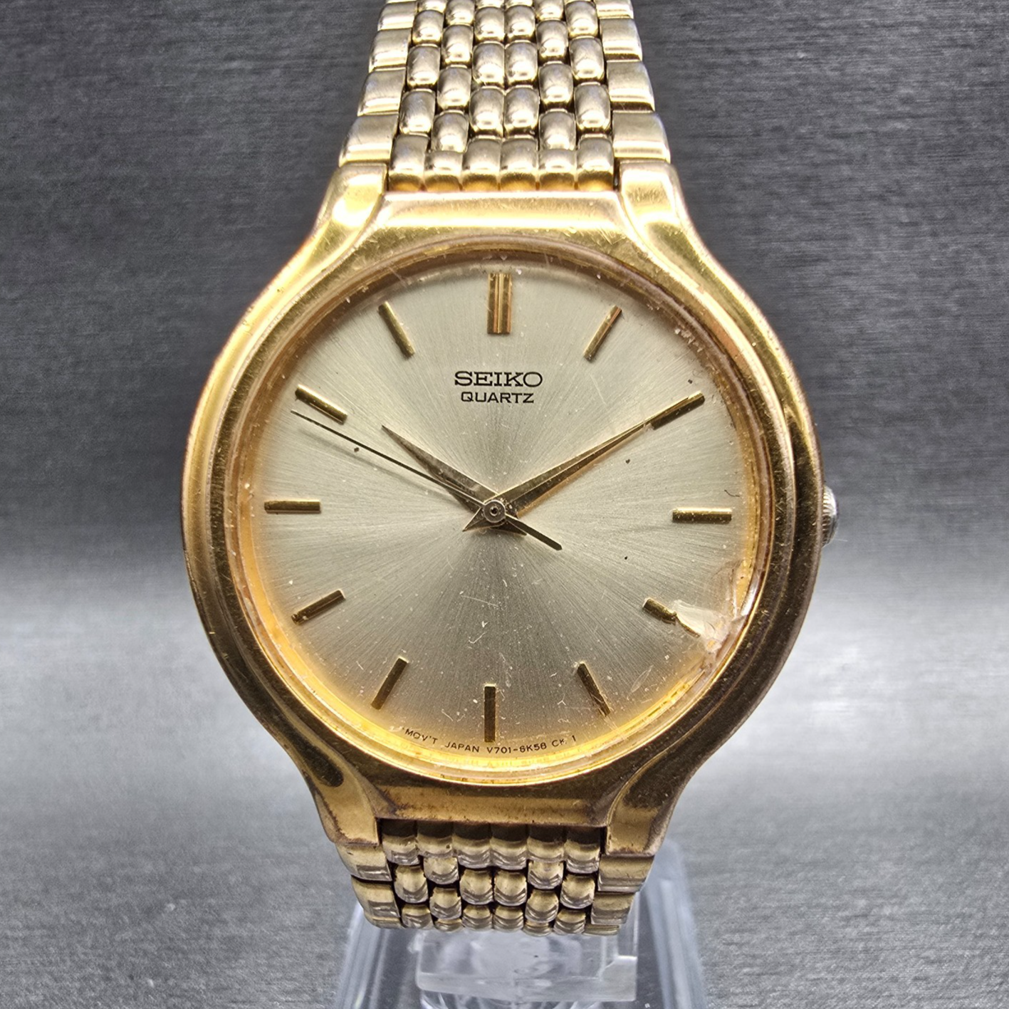 Seiko Watch Men 34mm Champagne Dial Gold Tone Round V701-6J60 New Battery VTG0