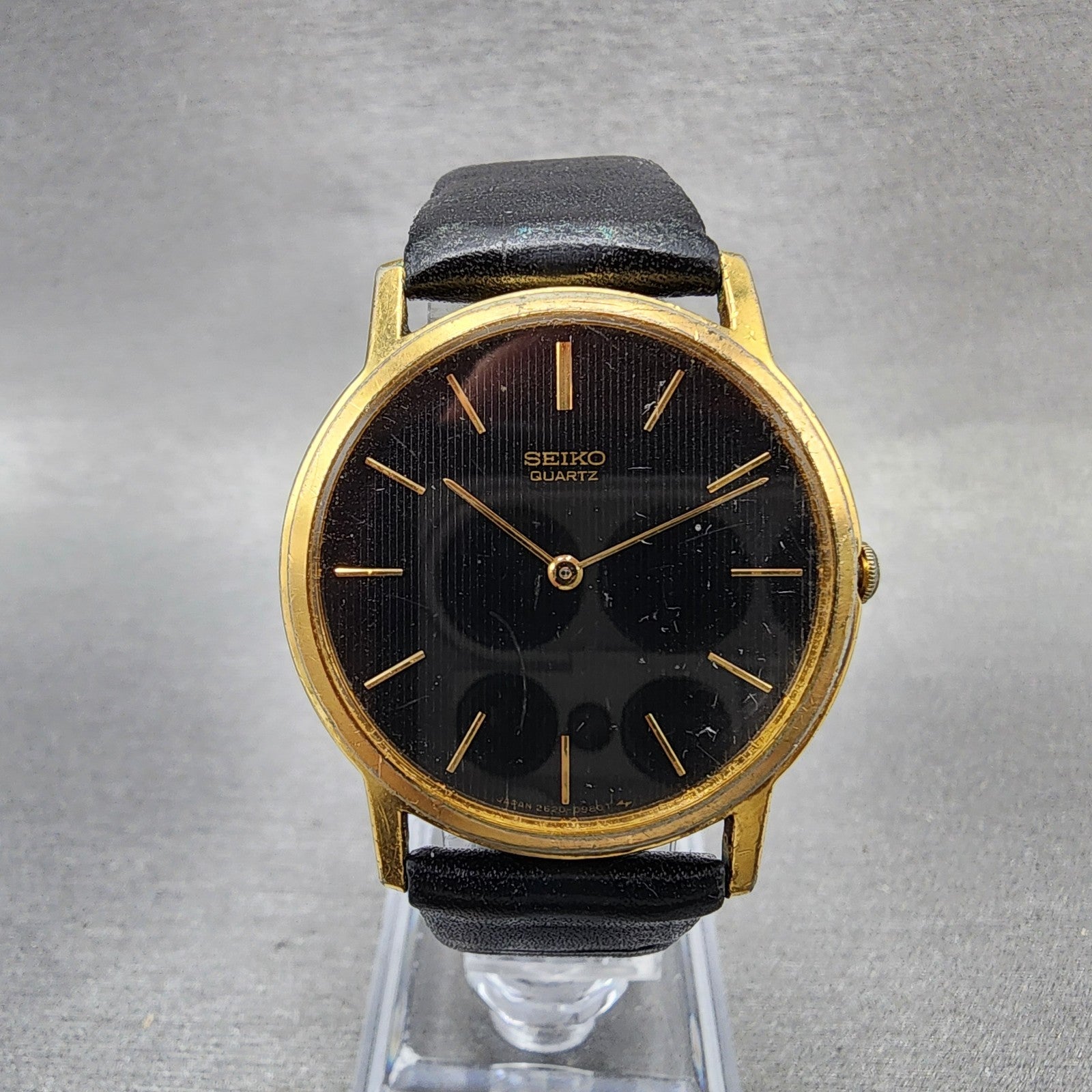 Seiko Watch Men 32mm Black Dial Gold Tone Round 26200209 New Battery VTG0