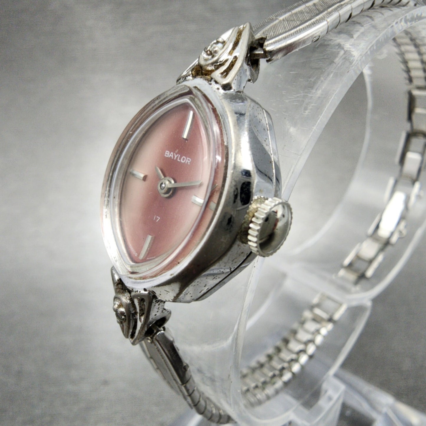 VTG Baylor Watch Women 17mm Pink Dial Silver Tone Oval Manual Wind Runs