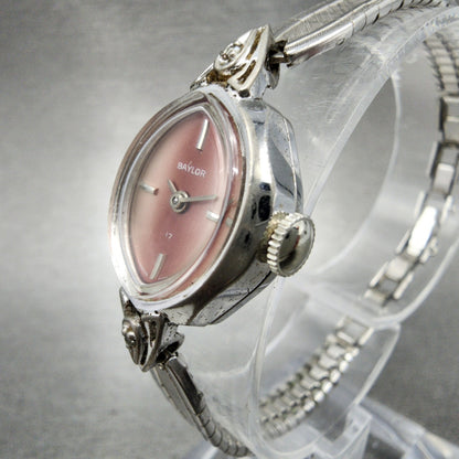 VTG Baylor Watch Women 17mm Pink Dial Silver Tone Oval Manual Wind Runs