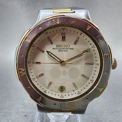 Seiko AGS Watch Men 37mm White Dial Two Tone Date Round 7M426A00 Works1