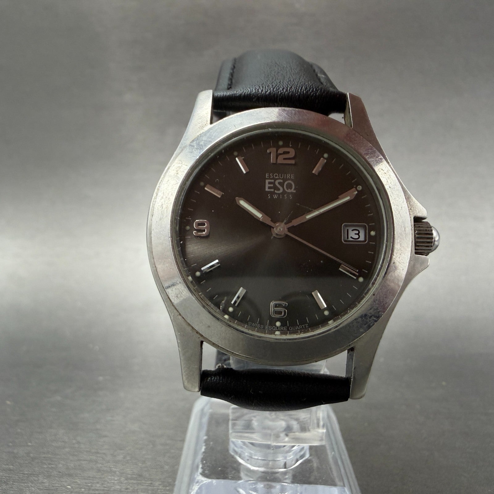 ESQ Watch Men 37mm Gray Dial Silver Tone Date Round 300712 Leather New Battery5