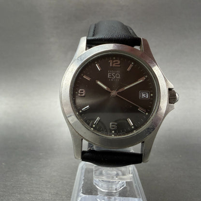 ESQ Watch Men 37mm Gray Dial Silver Tone Date Round 300712 Leather New Battery5