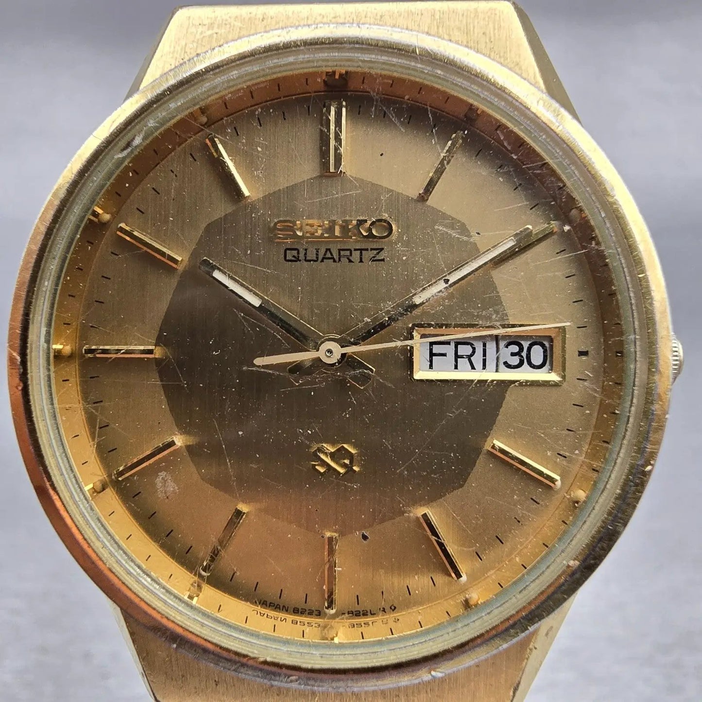 Seiko SQ Watch Men 34mm Gold Dial Gold Tone Daydate Round 8223-8009 New Battery1