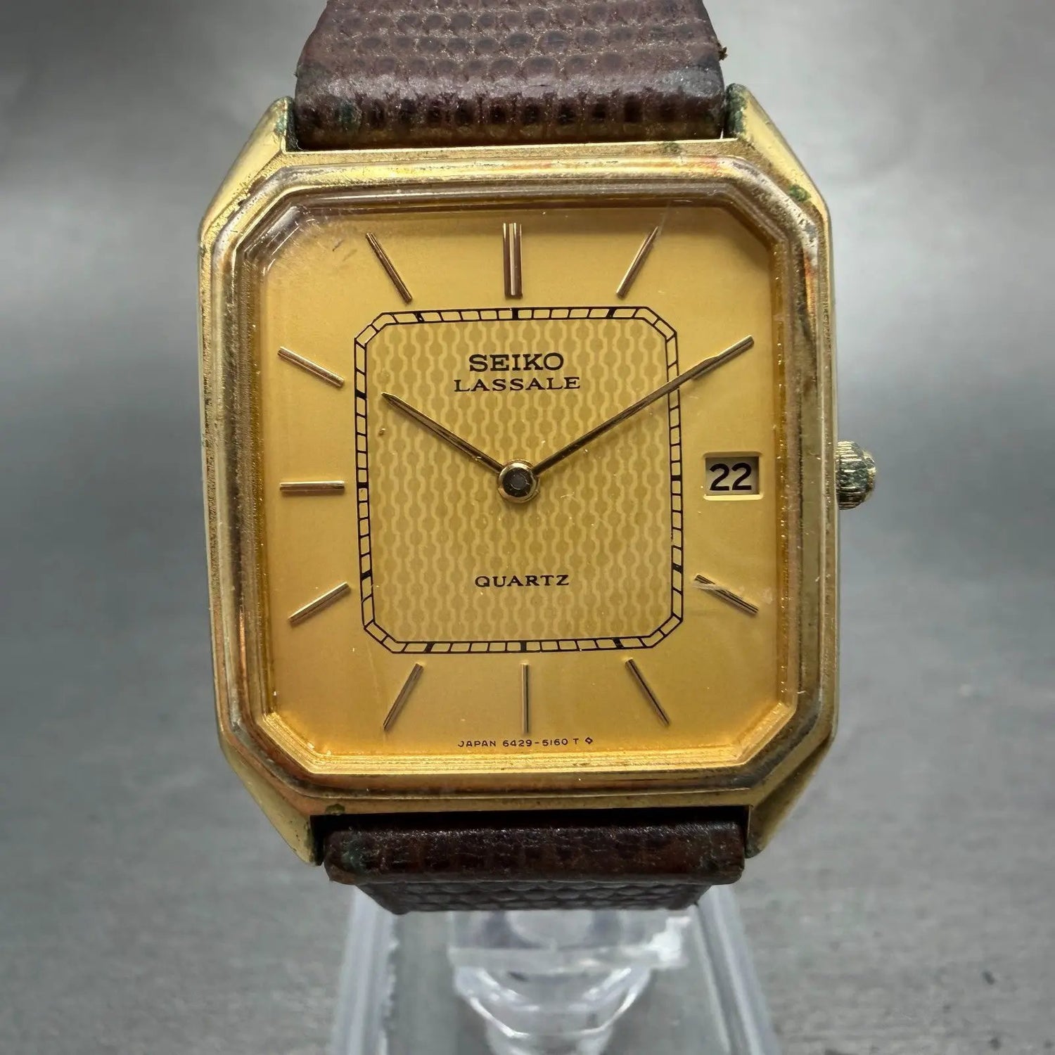 Seiko Lassale Tank Watch Men 28mm Champagne Dial Gold Tone Date 6429-5019 PARTS0