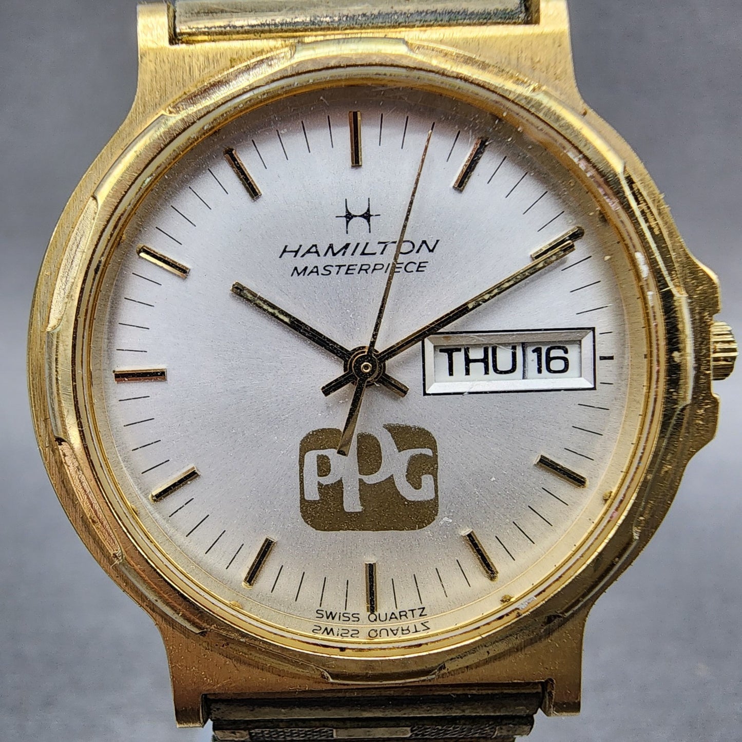 Hamilton Masterpiece Watch Men 32mm Silver Dial Gold Tone Daydate 9404C New Batt1