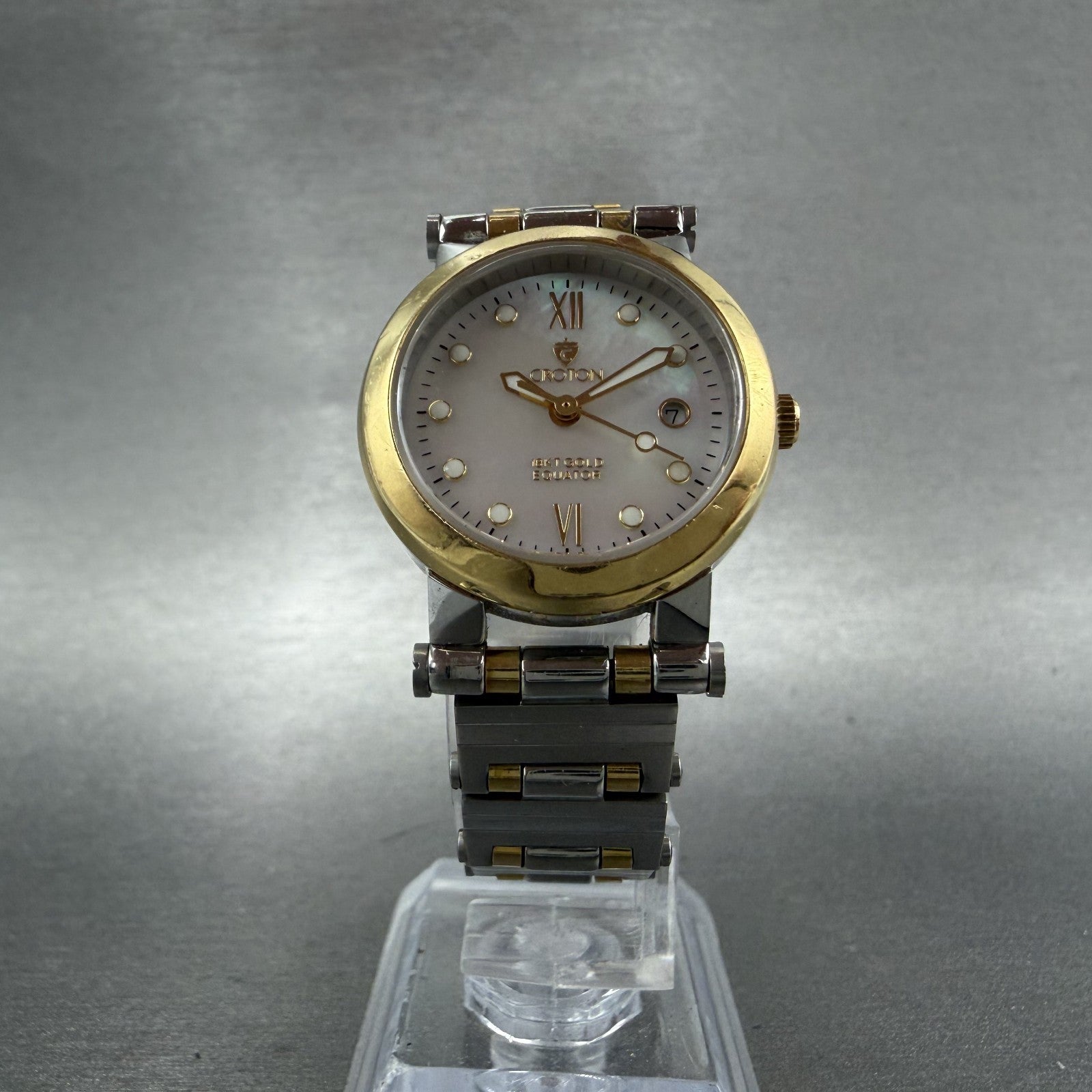 Croton Equator Watch Women 27mm MOP Dial 18K Gold Steel Date New Battery5