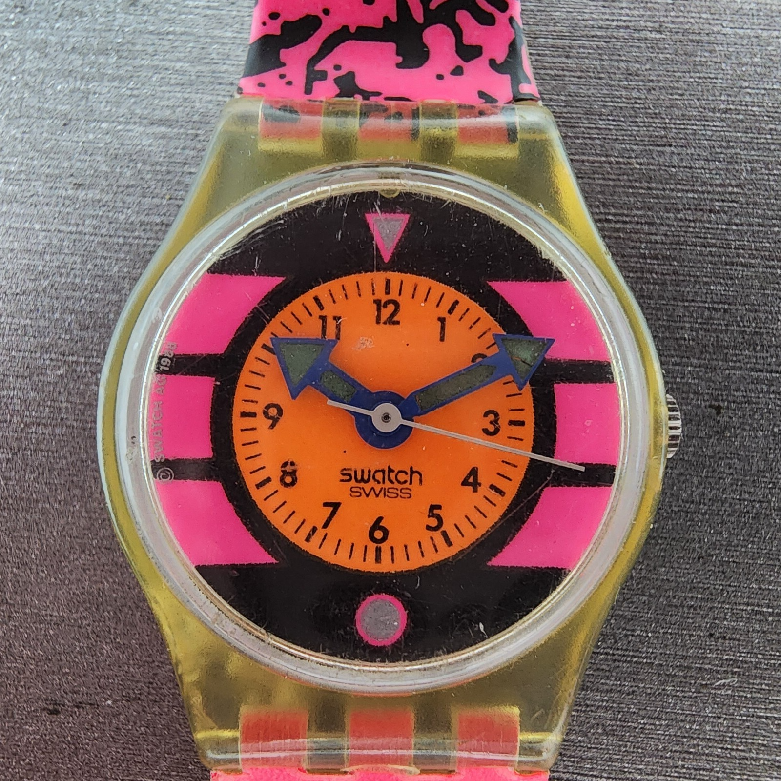 Swatch lady Pink Betty Watch Women 25mm Pink Dial Clear Case Round BROKEN BAND1