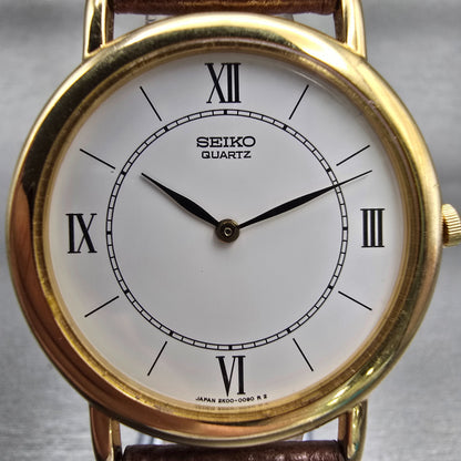 Seiko Watch Men 34mm White Dial Gold Tone Round 2K00-0030 New Battery Vintage1