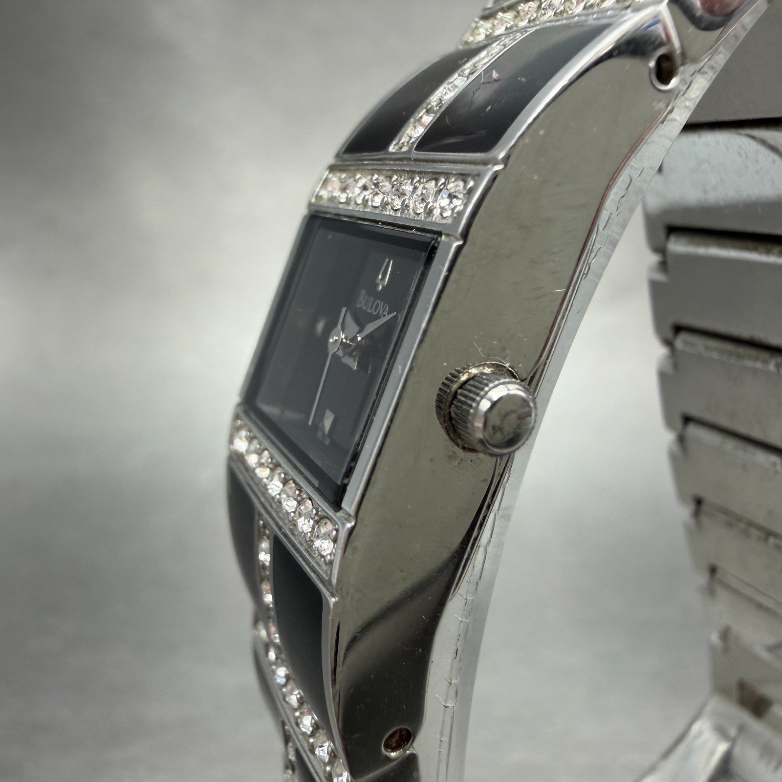 Bulova Tank Watch Women 17mm Black Dial Black & Silver Tone 98L109 New Battery2