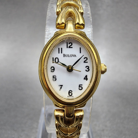 Bulova Watch Women 17mm White Dial Gold Tone Oval 97T70 New Battery0
