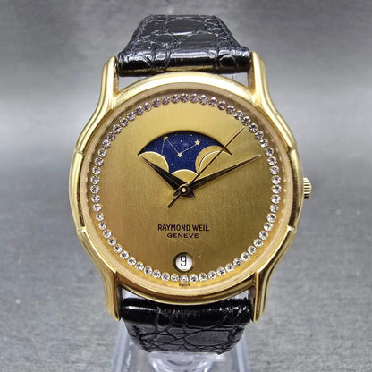 Raymond Weil Moon Phase Watch Men 30mm Champagne Dial Gold Plated Date 4100 Runs0