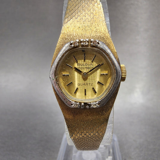 Bulova Accutron Watch Women 18mm Gold Dial Gold Tone Diamond Bezel New Battery0