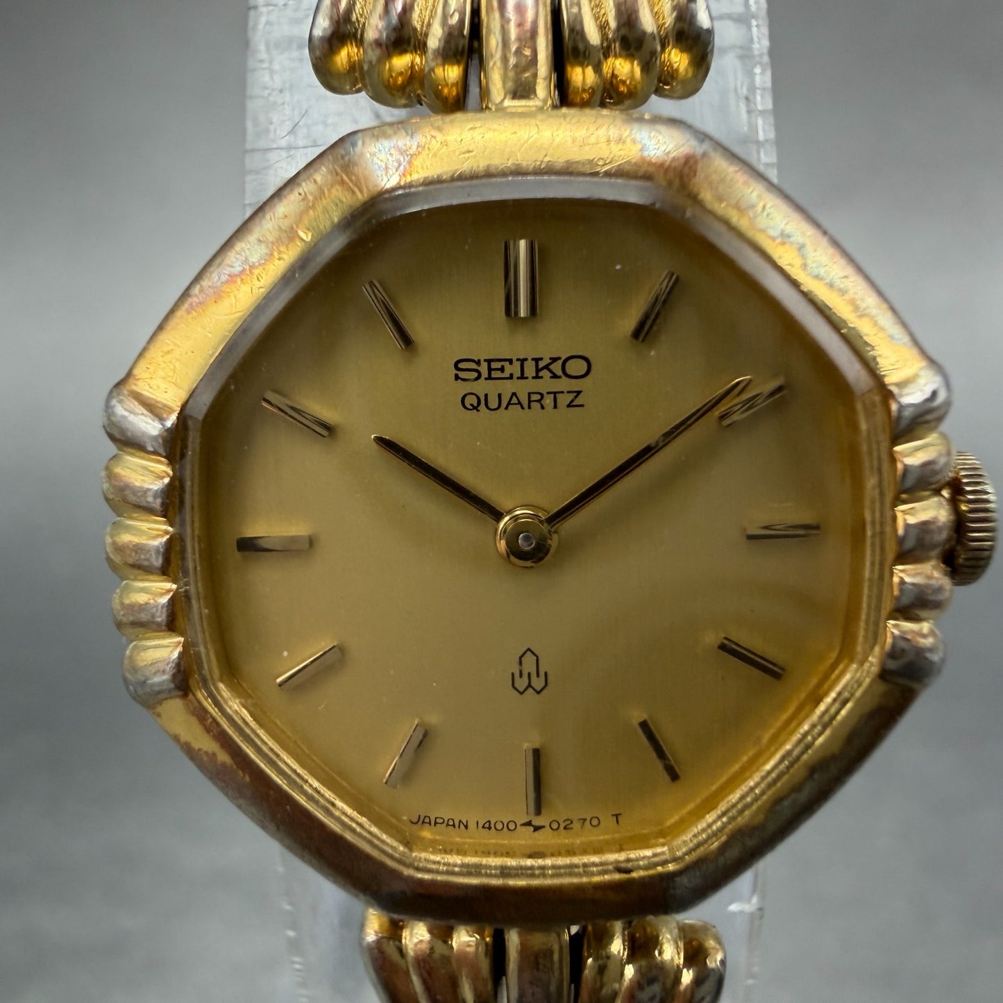 Seiko Watch Women 20mm Champagne Dial Gold Tone Octagon 1400-5200 New Battery1