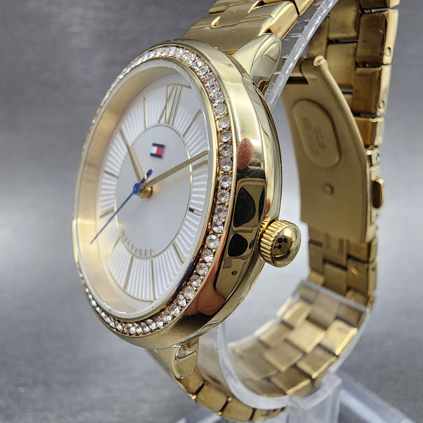 Tommy Hilfiger Watch Women 36mm White Dial Gold Tone Crystal Bezel Round Newbatt2
