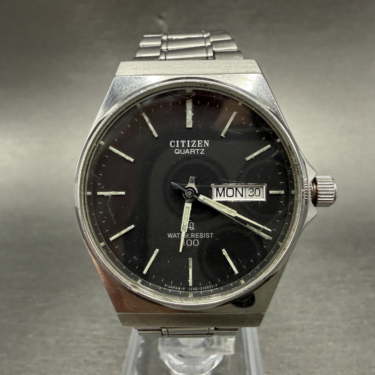 Citizen CQ Watch Men 35mm Black Dial Silver Tone Daydate Round 4-213581 PARTS0