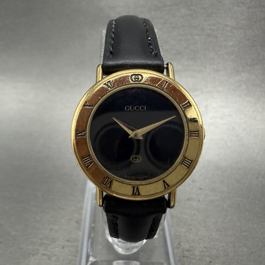 Gucci 3000L Watch Women 26mm Black Dial Gold Plated Round Leather New Battery0