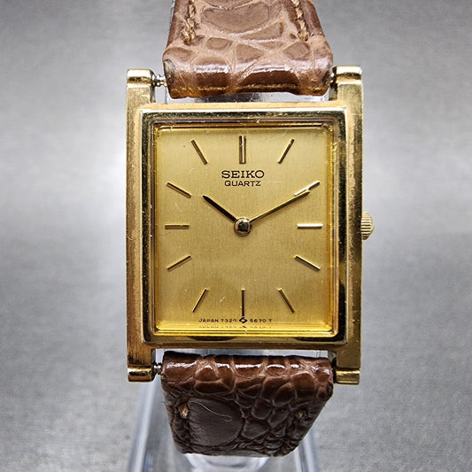 Seiko Tank Watch Women 20mm Champagne Dial Gold Tone 73205430 New Battery0