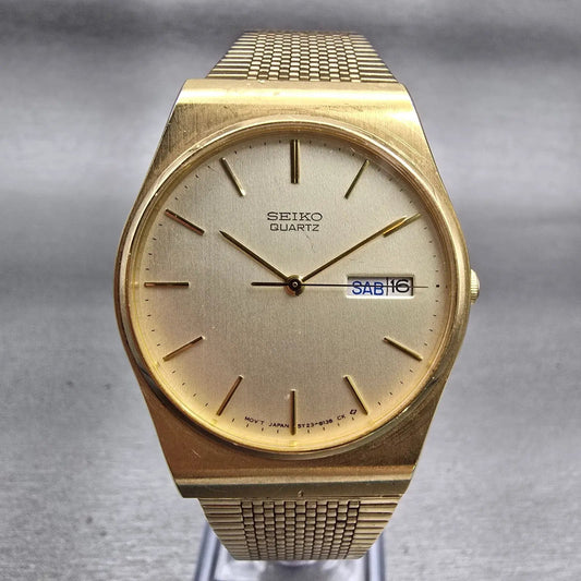 Seiko Watch Men 33mm Champagne Dial Gold Tone Daydate 5Y23-8119 New Battery VTG0