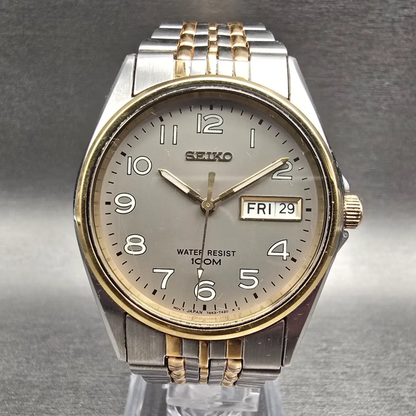 Seiko Watch Men 35mm Gray Dial Two Tone Daydate Round 7N43-T011 New Battery VTG0