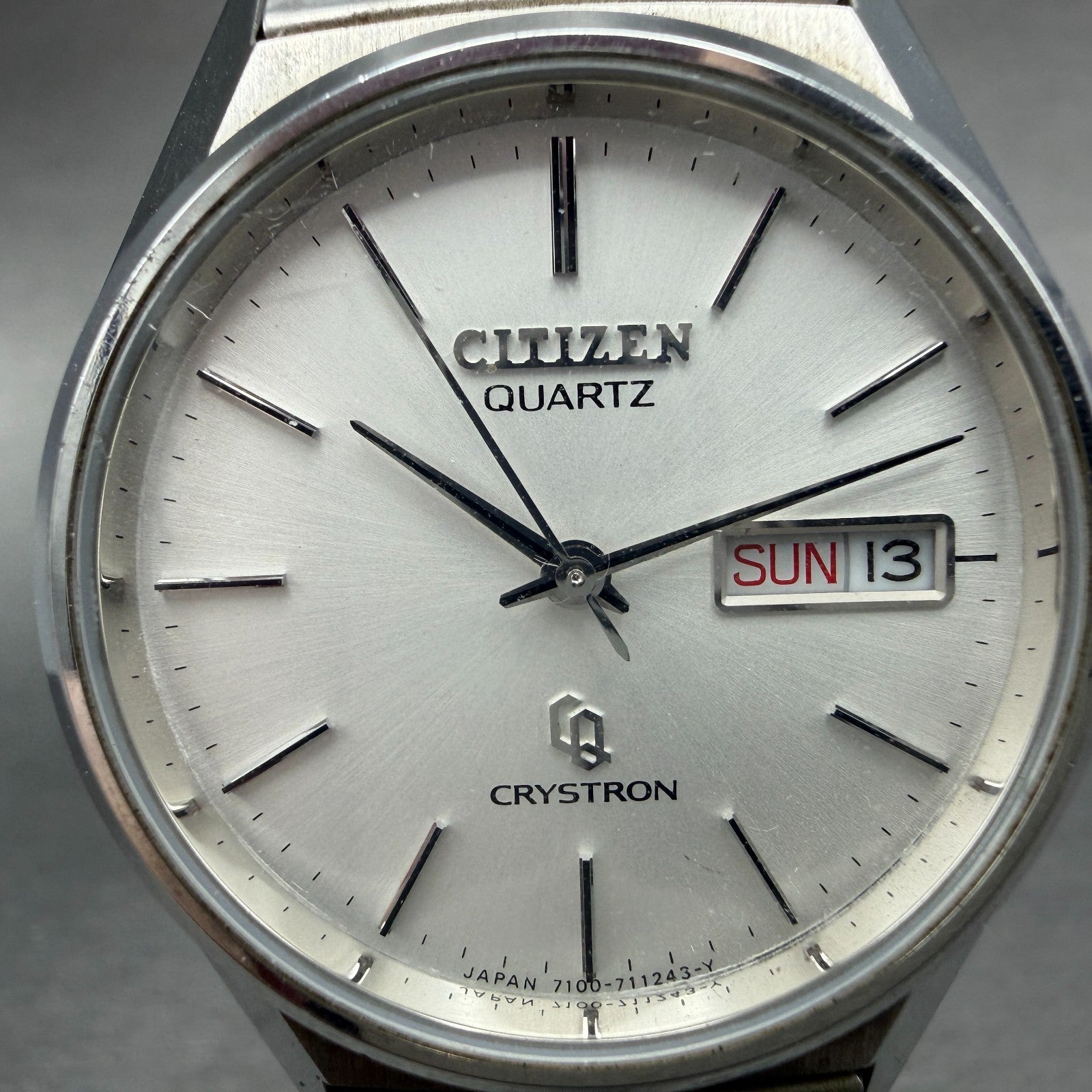 Citizen CQ Crystron Watch Men 35mm Silver Dial Steel Daydate 4-730364 NewBattery1