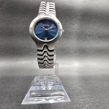 Bulova Watch Women 25mm Blue Dial Silver Tone Date Round 96M09 New Battery JP5