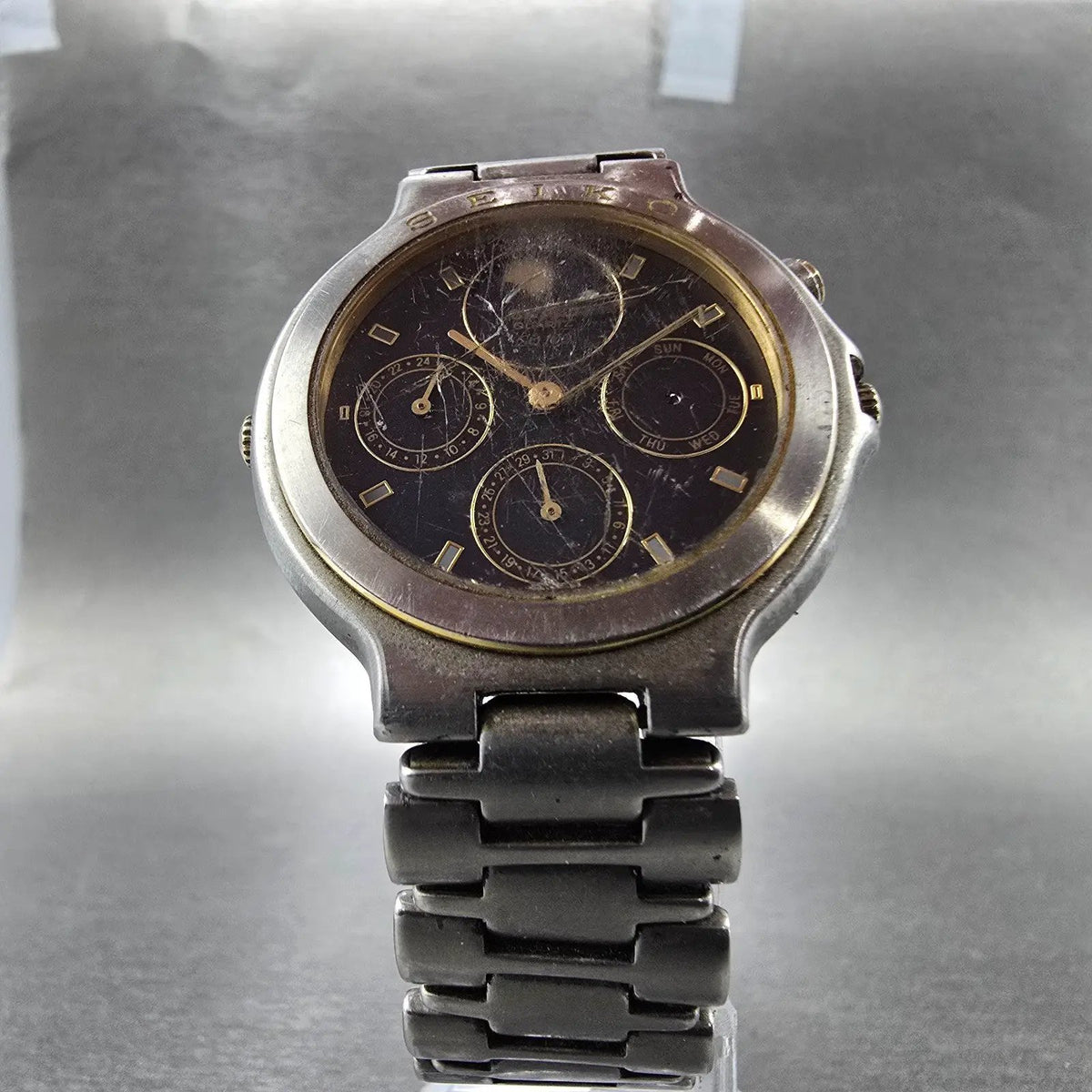 Seiko Moon Phase Watch Men 35mm Blue Dial Steel 7F33 Movement Daydate 6119 PARTS6