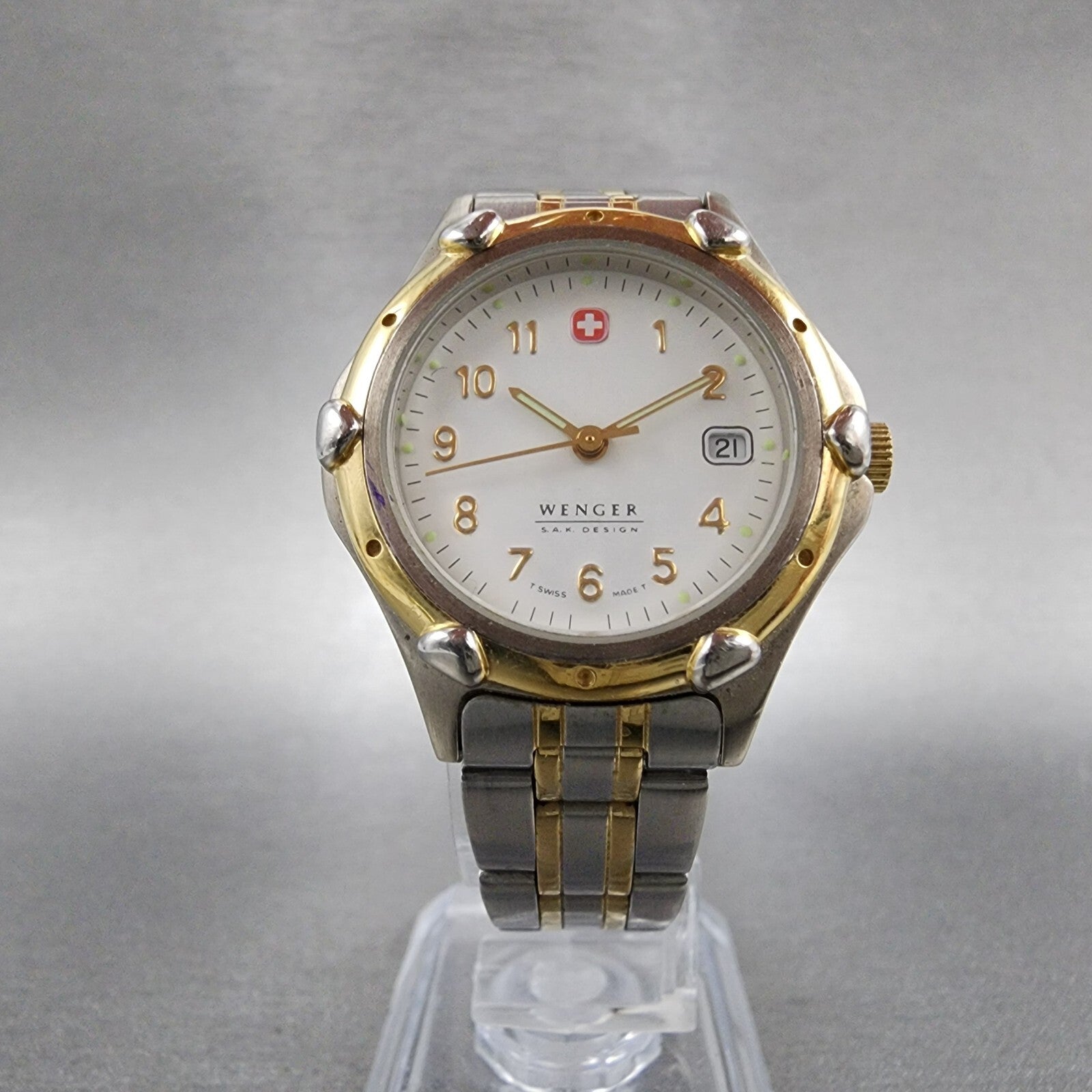 Wenger SAK Design Watch Women 29mm White Dial Two Tone Date Round New Batt A15