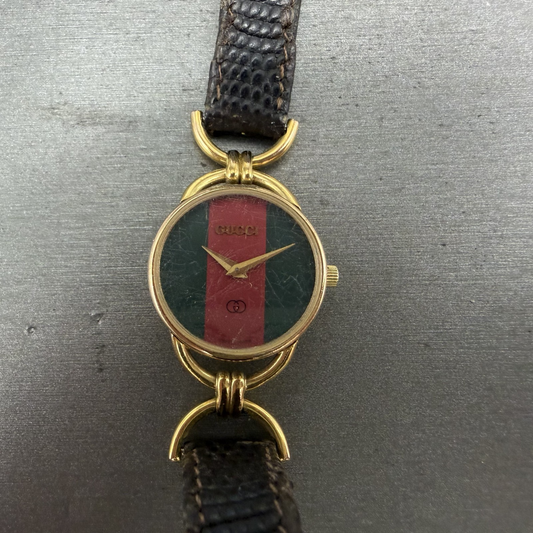Gucci 6000L Watch Women 23mm Red Green Dial Gold plated Round PARTS0