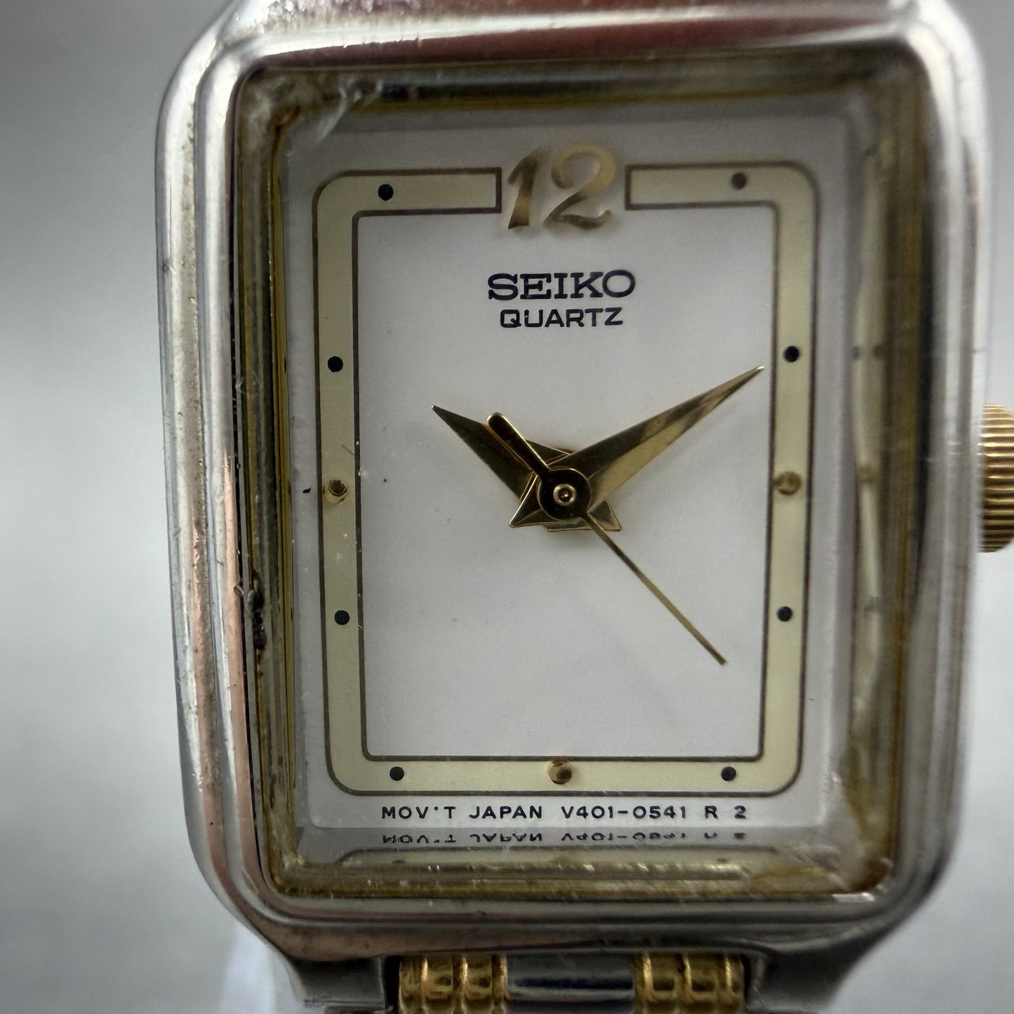 Seiko Tank Watch Women 18mm White Dial Two Tone Rectangle V401-5129 New BatteryL1