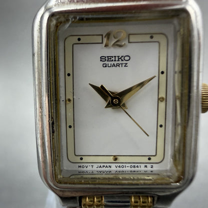 Seiko Tank Watch Women 18mm White Dial Two Tone Rectangle V401-5129 New BatteryL1