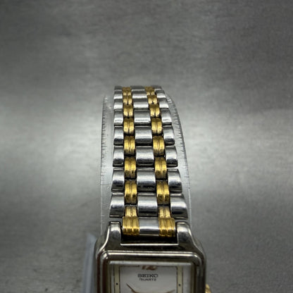 Seiko Tank Watch Women 18mm White Dial Two Tone Rectangle V401-5129 New Batt MNO4