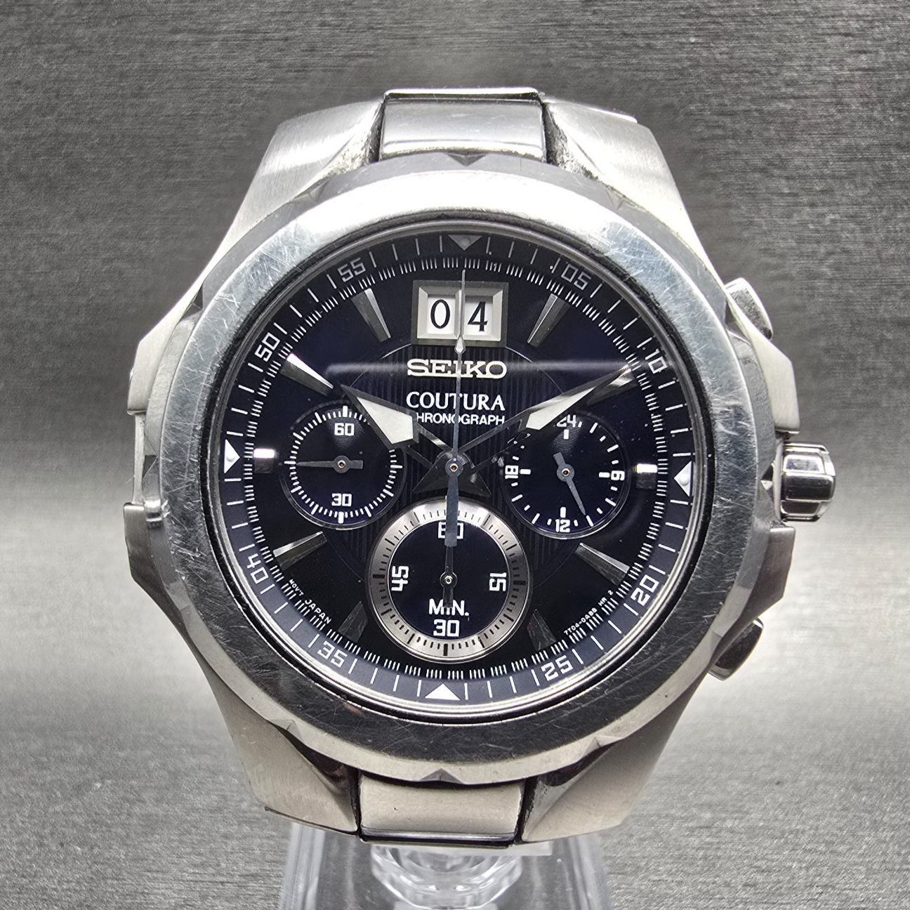 Seiko Coutura Watch Men 45mm Blue Dial Silver Tone Chrono 7T04-0AB0 New Battery0
