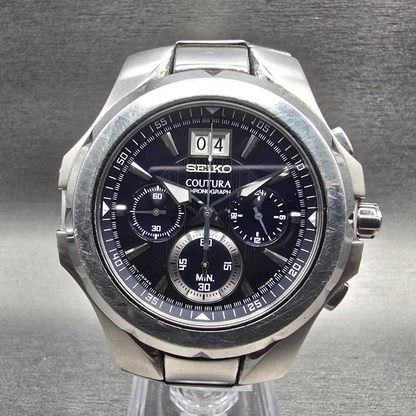 Seiko Coutura Watch Men 45mm Blue Dial Silver Tone Chrono 7T04-0AB0 New Battery0