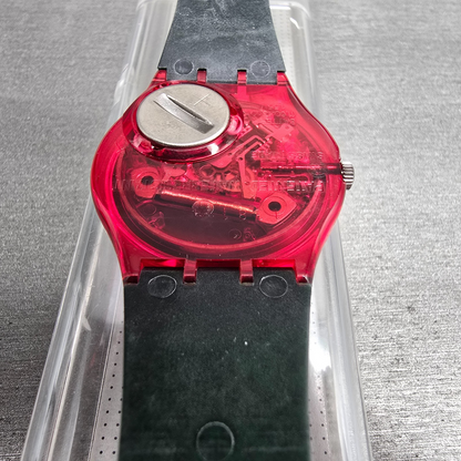 Swatch Hot Rap Watch Men 34mm Black Dial Red Case GR113 New Battery NOS12