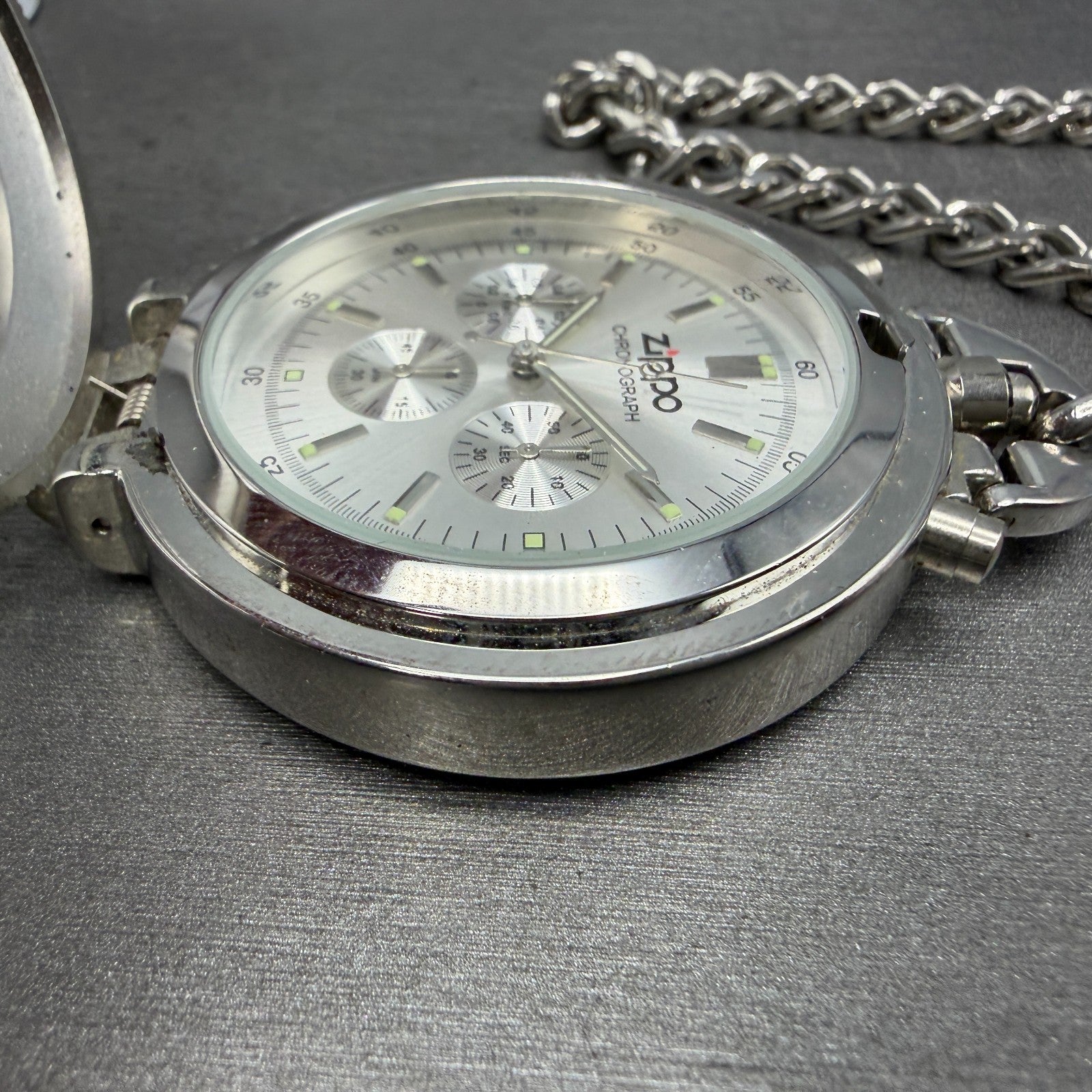 Zippo Pocket Watch Men 49mm Silver Dial Steel Chronograph Round New Battery2