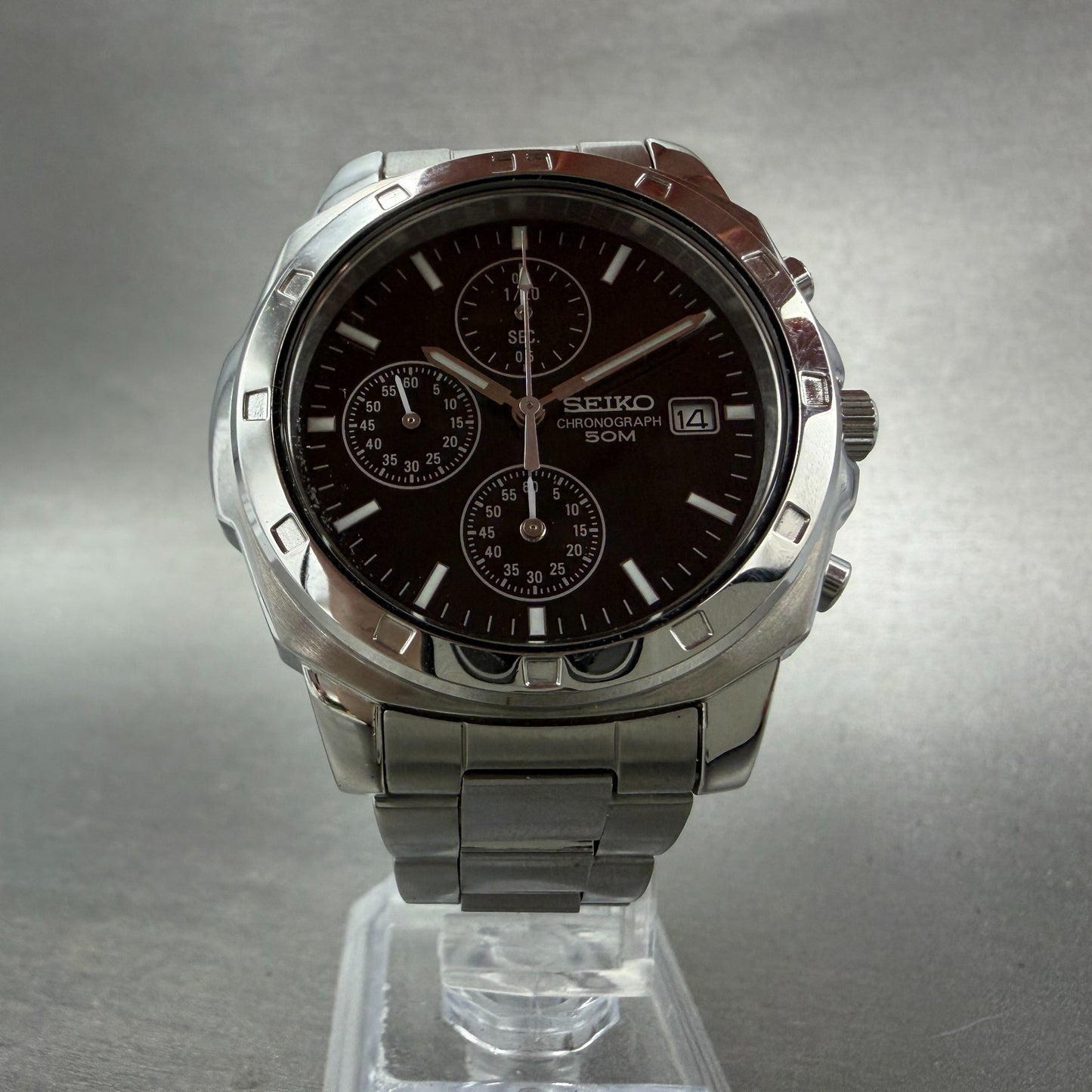 Seiko Chronograph Watch Men 39mm Black Dial Silver Tone Date 7t92-0ca0 New Batt5