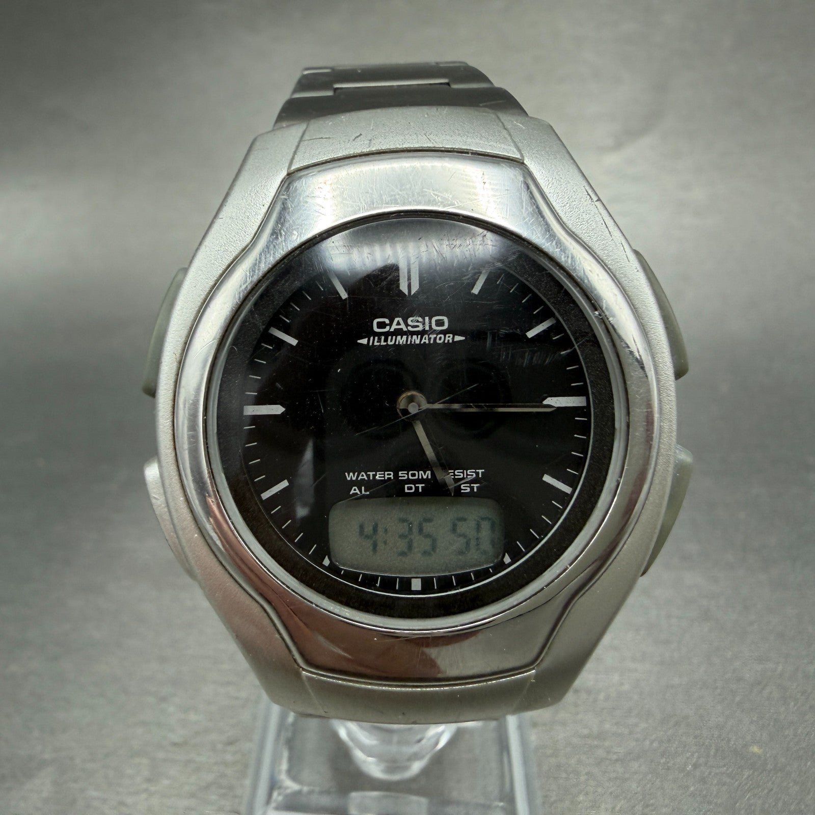 Casio AW-E10 Watch Men 37mm Black Dial Silver Tone Analog Digital new battery AB2