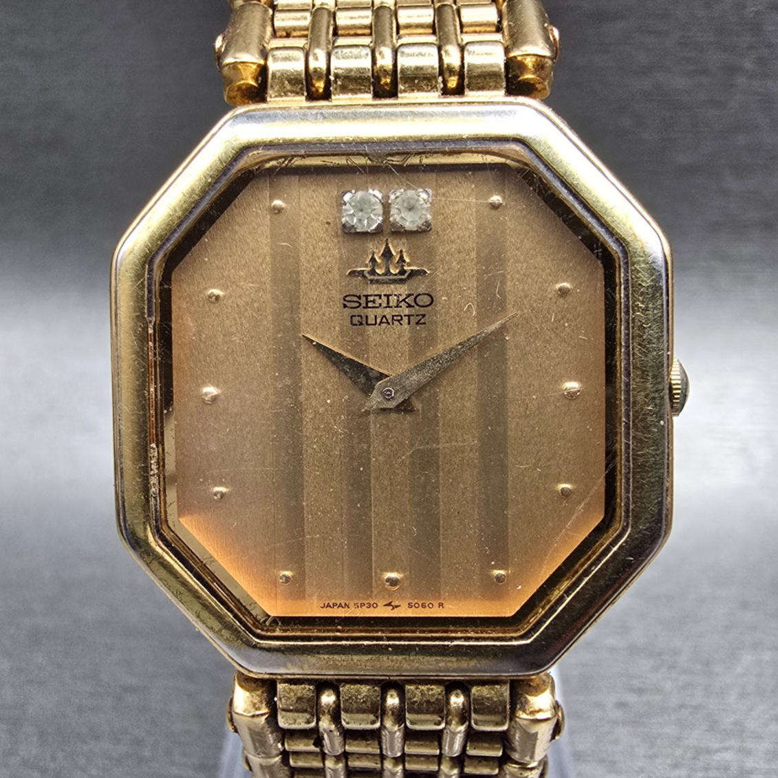 Seiko Watch Men 28mm Gold Dial Gold Tone Octagon 5P30-5040 New Battery Vintage0