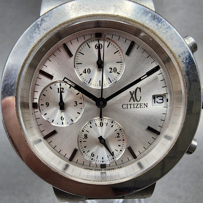 Citizen XC Chronograph Watch Women 34mm Silver Dial Silver Tone Date New Battery1
