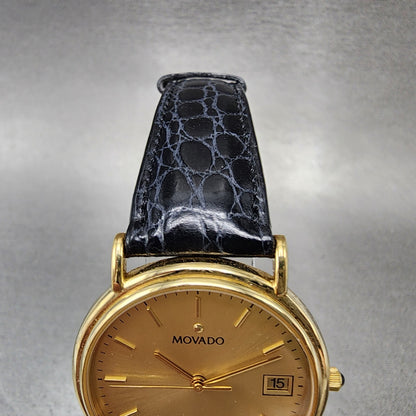 Movado Watch Men 34mm Gold Dial Gold Tone Date Round Leather Box New Battery8