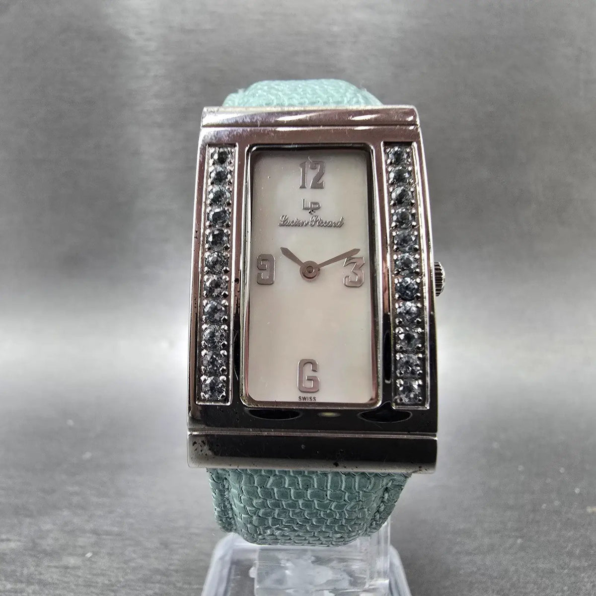 Lucien Piccard Tank Watch Women 22mm MOP Dial Silver Gem Set Rectangle New Batt5