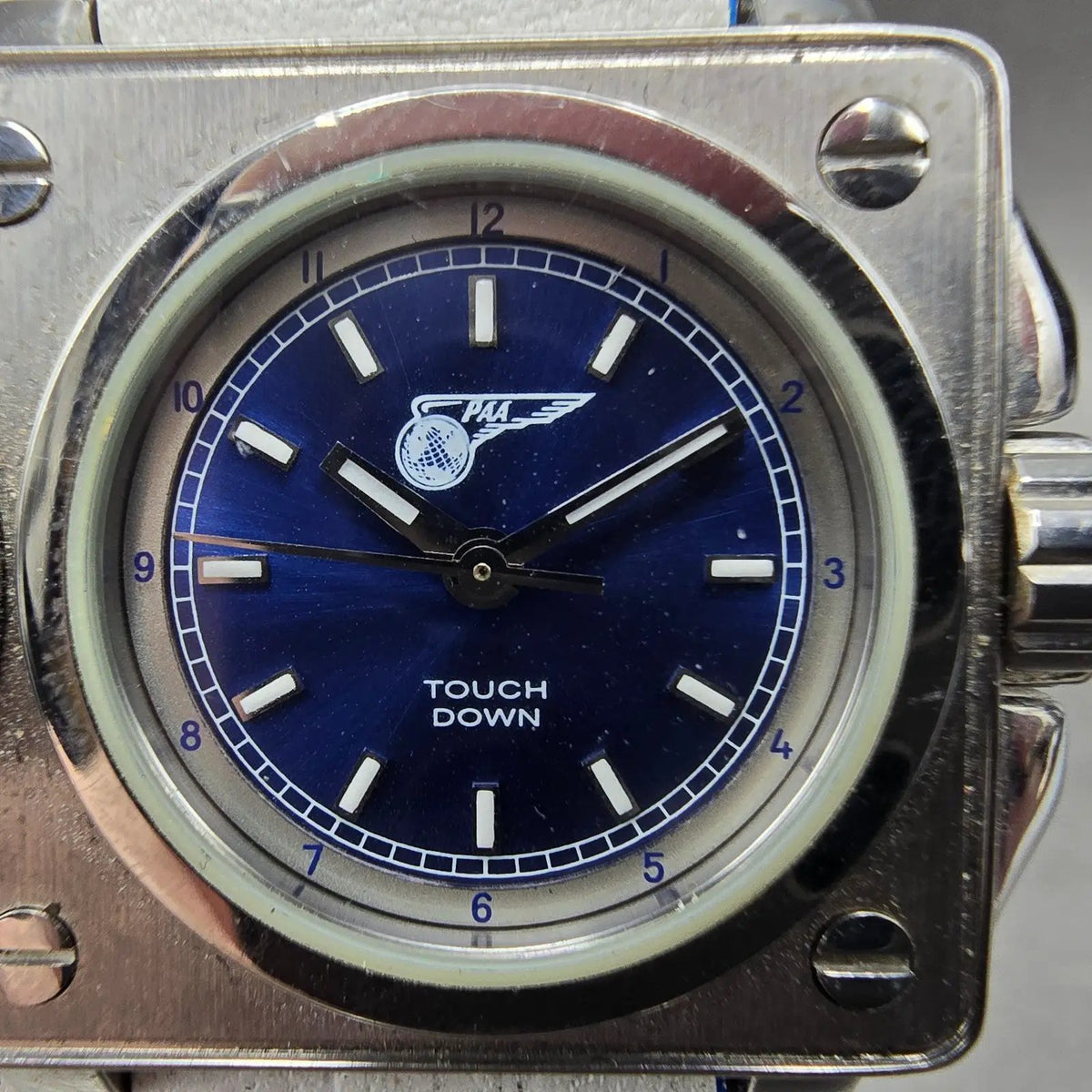 Panam Dual Time Watch Men 56mm Blue Dial Silver Tone Rectangle New Battery2