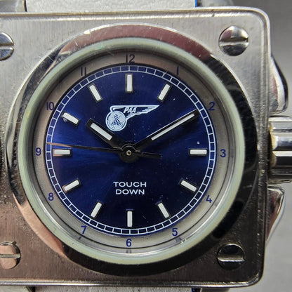 Panam Dual Time Watch Men 56mm Blue Dial Silver Tone Rectangle New Battery2