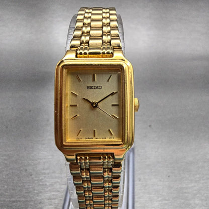 Seiko Watch Women 17mm Gold Dial Gold Tone Rectangle 1N01-5E70 New Battery VTG0