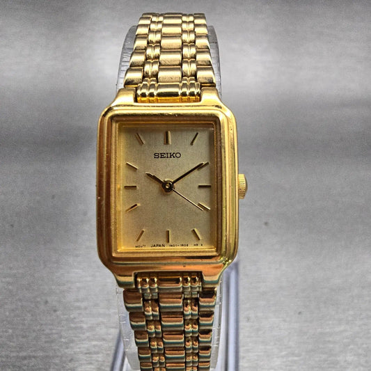 Seiko Watch Women 17mm Gold Dial Gold Tone Rectangle 1N01-5E70 New Battery VTG0