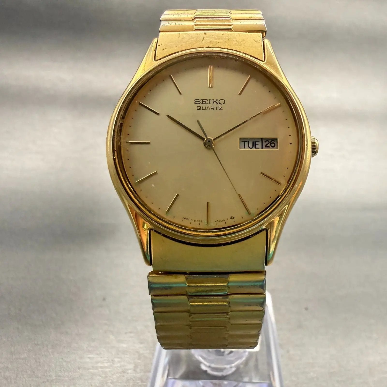 Seiko Watch Men 34mm Champagne Dial Gold Tone Daydate Round 5Y23-8039 New Batt5